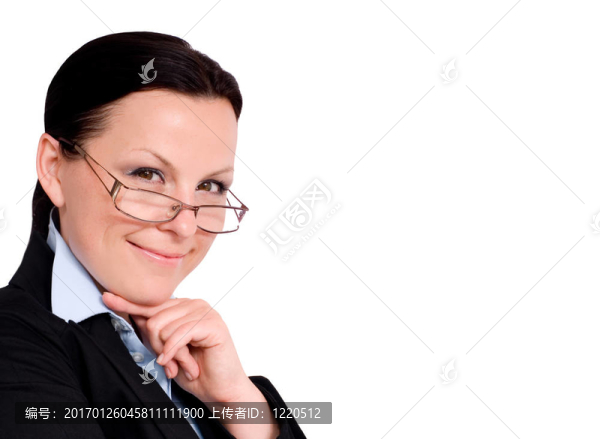 微笑的女商人在白色文本的地方