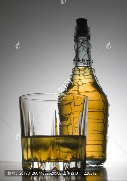 在酒瓶和杯子的干邑