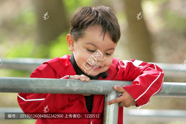 男孩望著橋上的欄桿