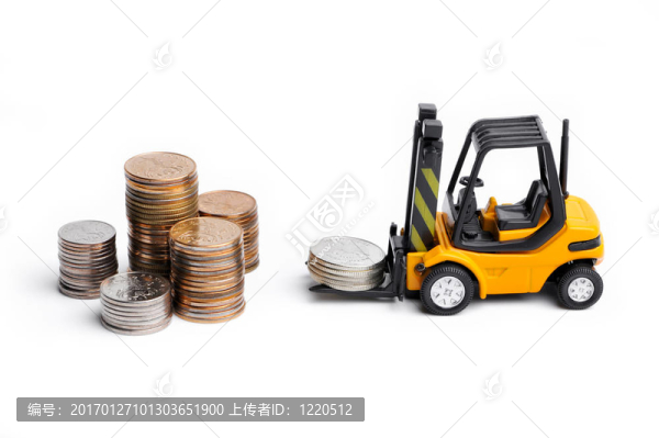 黃色玩具叉車和錢