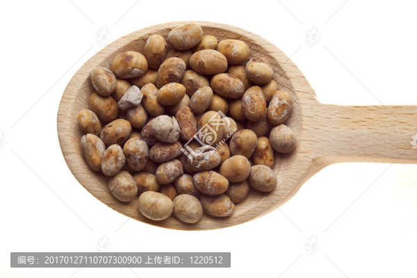 香草和香料在木制勺子-大豆
