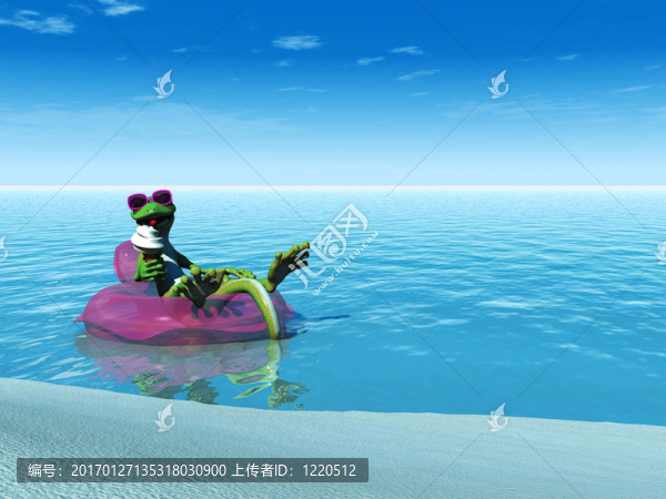 一個很酷的卡通壁虎吃冰淇淋漂浮在海洋里的游泳圈在一個陽光燦爛的日子。