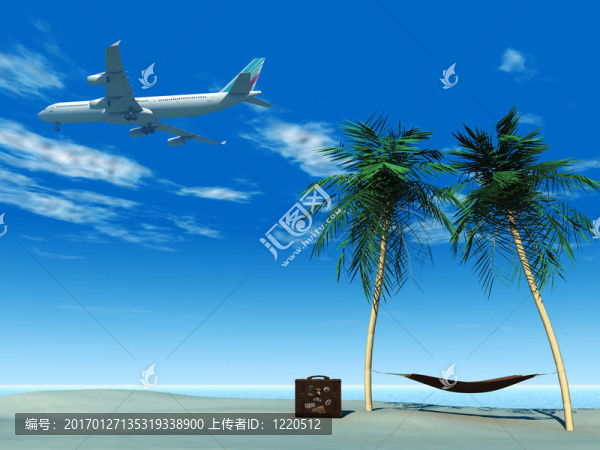 飛越熱帶海灘的飛機(jī)。