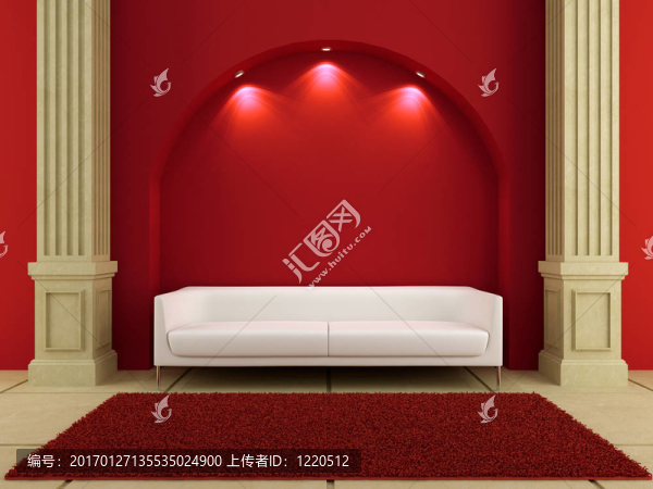 3D室內(nèi)裝飾-紅色沙發(fā)上的白色沙發(fā)