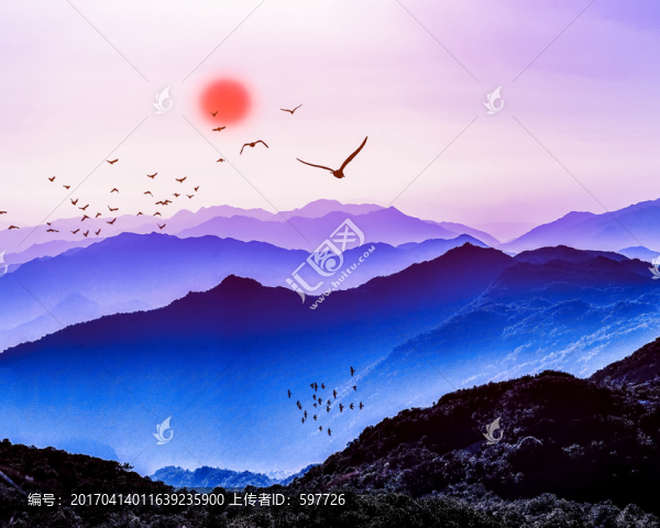 水墨落日山河