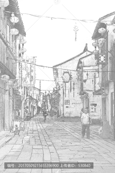 江南水鄉(xiāng)蘇州古鎮(zhèn)線描,合層