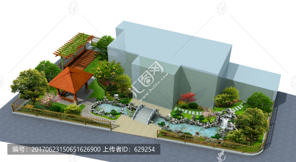 假山小橋庭院鳥(niǎo)瞰圖