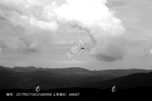 水墨,天空,云彩,飛鳥,遠山