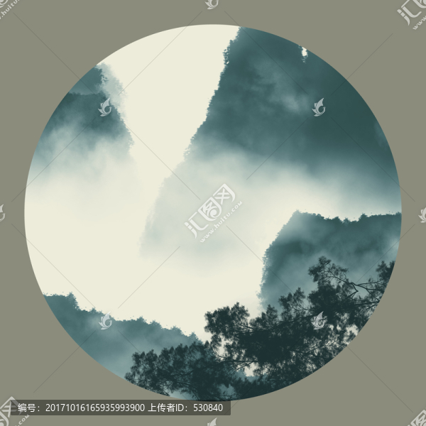 圓形小品水墨山水畫