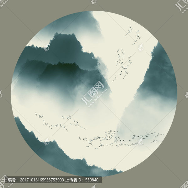 圓形小品水墨山水畫