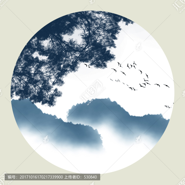 圓形小品水墨山水畫