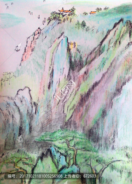 彩鉛擬水墨山水