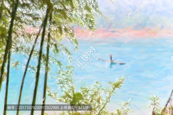 鄉(xiāng)村油畫,竹林,漁船