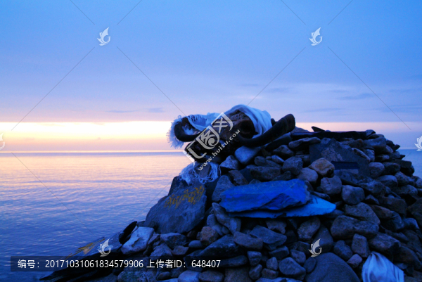 青海湖,日落,瑪尼堆,牛頭,剪