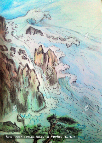 彩鉛山水風景河流