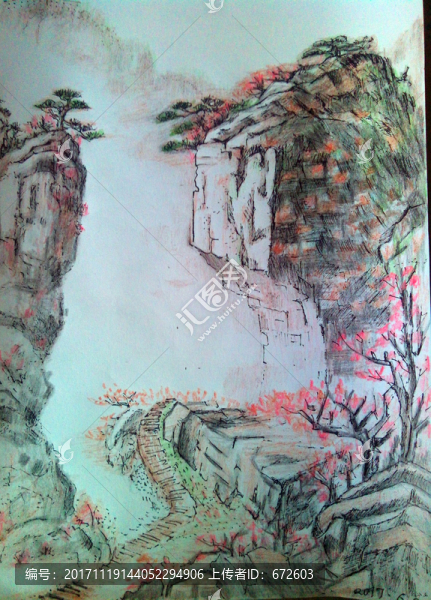 彩鉛山水風(fēng)景