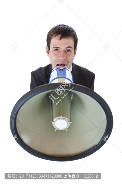 年輕的商人喊到擴音器