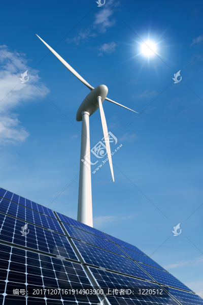 太陽能電池板和風(fēng)力渦輪機(jī)對晴朗的天空