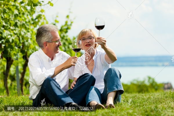 喝酒的愉快的夫婦在湖在夏天