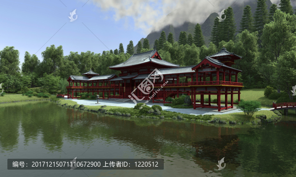 湖上的紅色寺廟