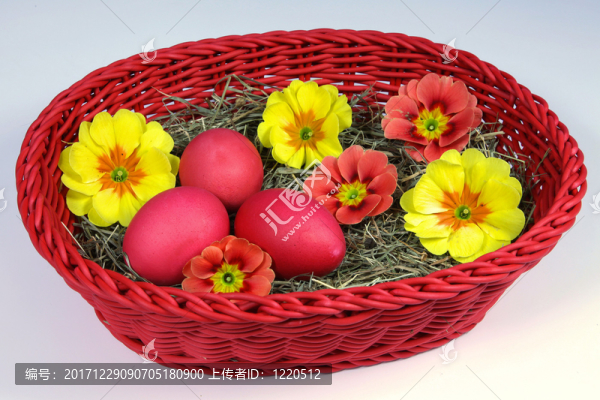 紅色的復(fù)活節(jié)彩蛋與報(bào)春花的籃子里