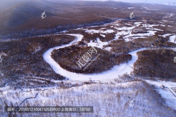 河流山林雪景,航拍