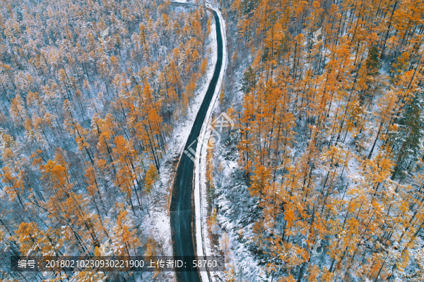 山林公路雪景秋色,航拍