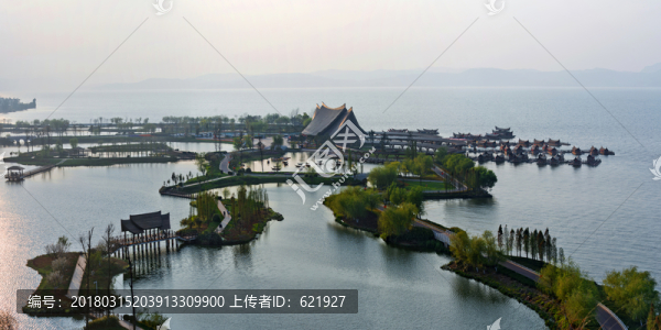 滇池大碼頭濕地落日高全景圖