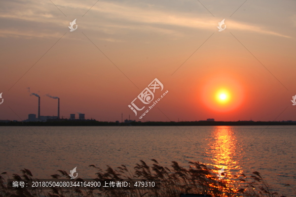 夕陽,太陽,電廠,湖水,傍晚