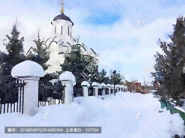 水彩畫,雪中的教堂