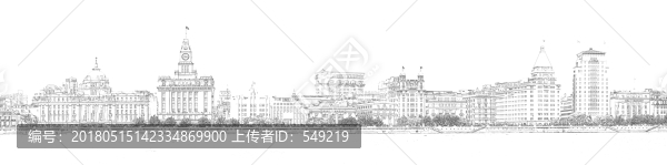 上海外灘老建筑全景線描