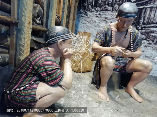 編竹簍的老人和小孩兒童蠟像