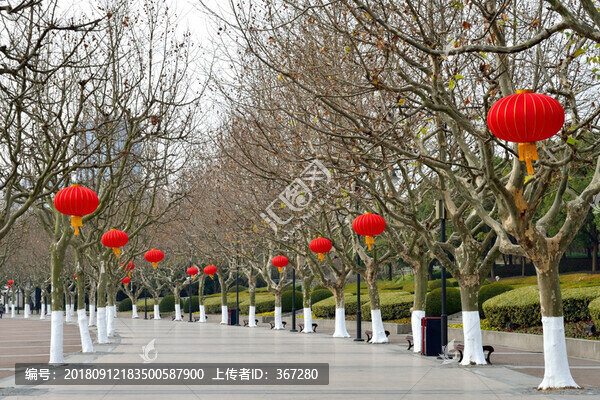 節(jié)日掛滿紅燈籠的公園道路