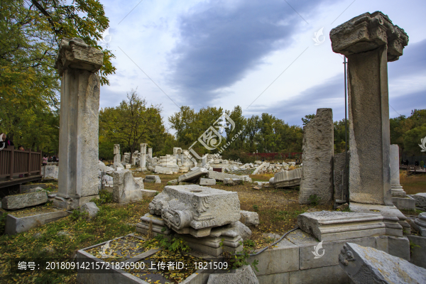 北京,圓明園,皇家園林,秋色,銀杏,殘?jiān)珨啾?歷史,遺跡,遺址,大水法,石頭