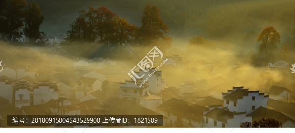 江西,婺源,石城,徽居,古建筑,早晨,霧氣,朦朧