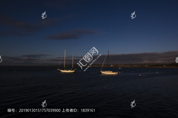 美國加州夕陽里的帆船和大海