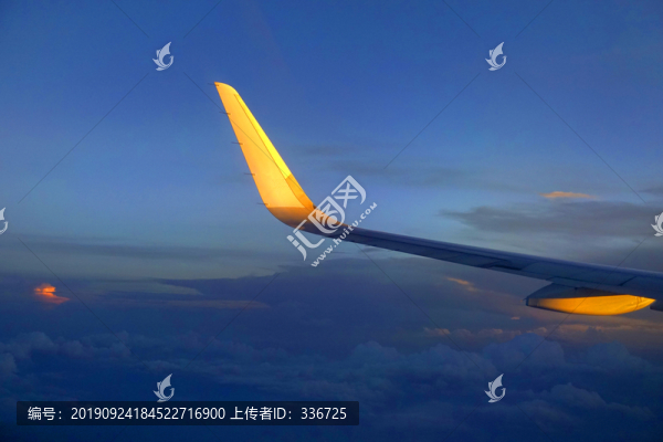 在傍晚金色晚霞中飛行的飛機(jī)