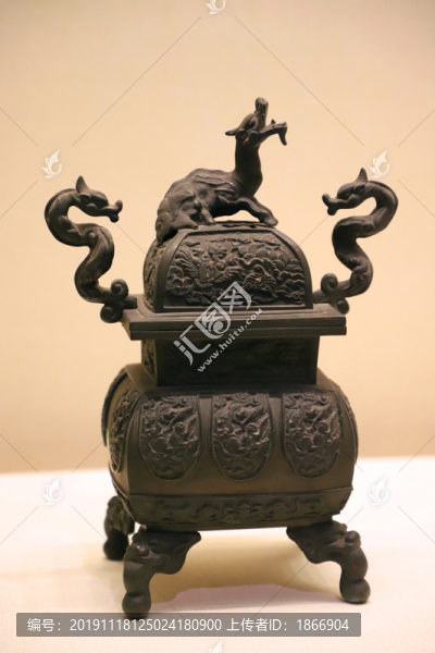 雙龍耳獸鈕蓋銅方熏爐