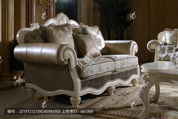 法式實(shí)木真皮雙人位沙發(fā)家具