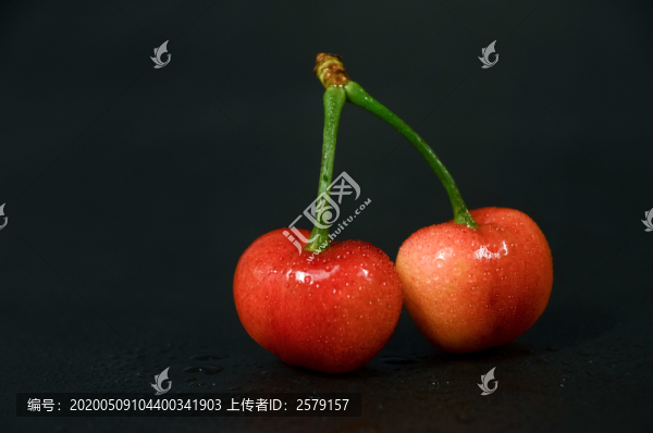 全黑背景下的兩顆特別紅櫻桃特寫(xiě)