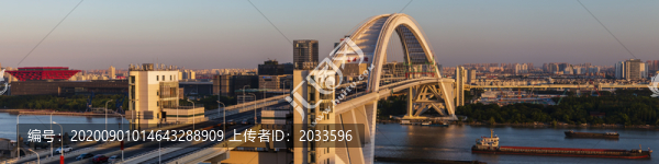 上海黃浦江盧浦大橋夕陽風(fēng)光全景