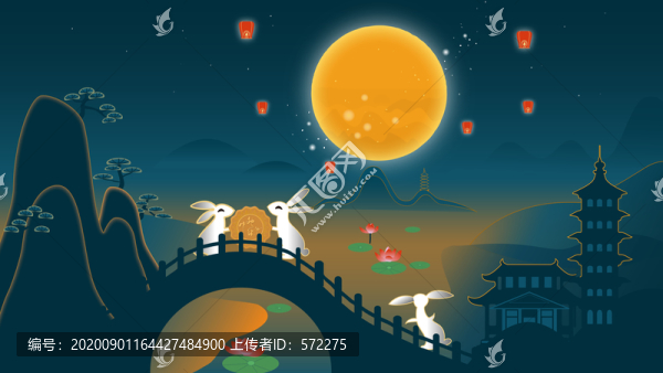 復(fù)古風(fēng)燙金玉兔中秋插畫