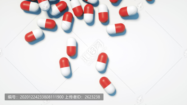 散落在白色背景上的膠囊