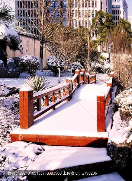 白雪覆蓋的小花園木橋