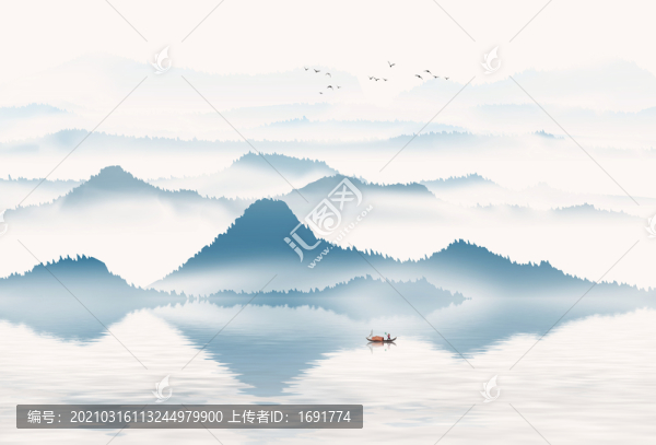 中國風(fēng)藍(lán)色意境山水畫