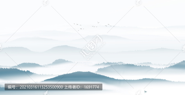 中國風(fēng)藍(lán)色意境山水畫