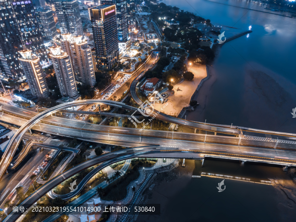 航拍福州城市跨江高架橋夜景