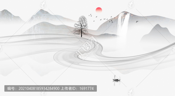 手繪抽象煙霧山水畫新中式水墨山