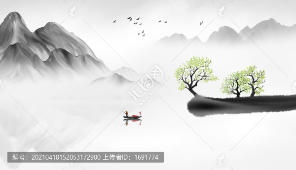 手繪中國(guó)風(fēng)江南春季山水插畫(huà)