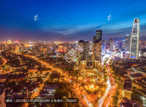 航拍天津城市建筑夜景